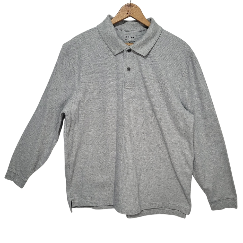 L.L.Bean Polo Shirt Mens Large Gray Heather Long Sleeve L-REG 100% Cotton Knit